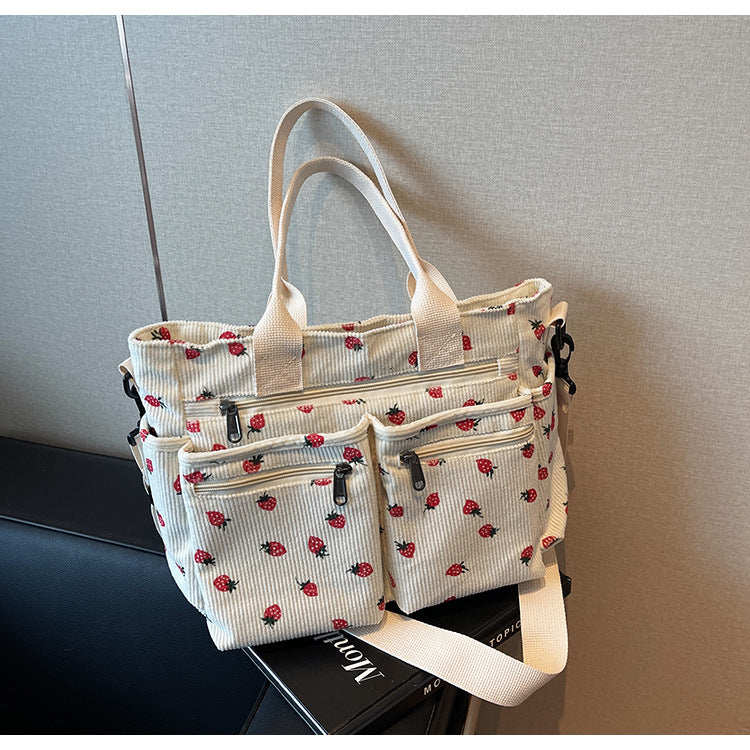 Women's Corduroy Cherry Print Tote Bag – Versatile Women's Strawberry Shoulder & Crossbody Large Capacity Mommy Bag