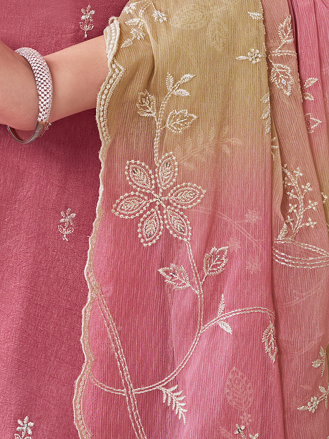 Pink Dola Silk Kurta With Embroidery Work And Buttas Paired Chiffon Digital Print Dupatta With Four Sided Scalloped Border