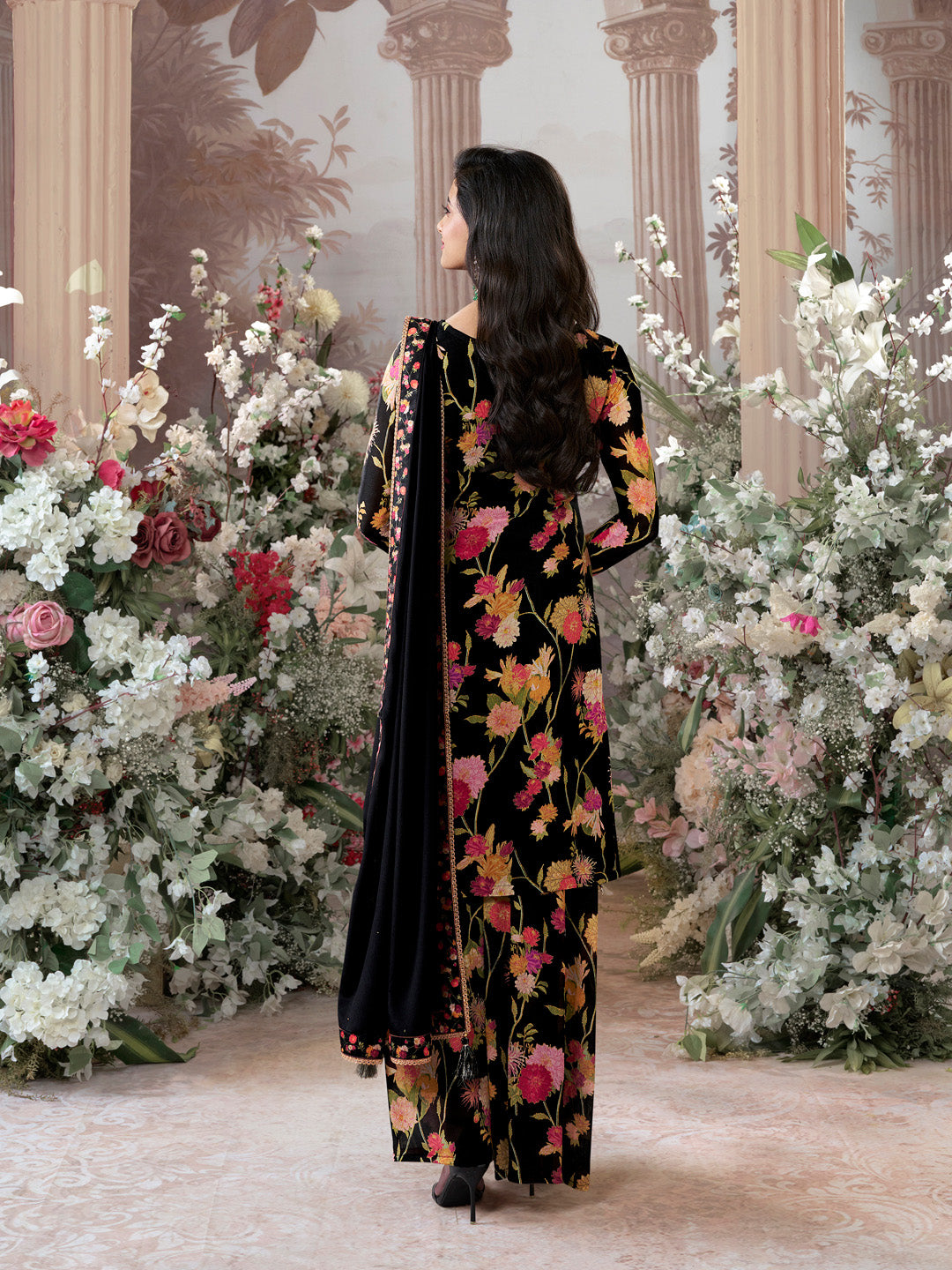 Black Chinon Sharara Suit Set with Floral Print and Embroidery Work