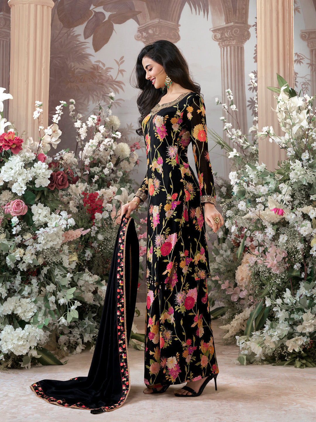 Black Chinon Sharara Suit Set with Floral Print and Embroidery Work - qivii
