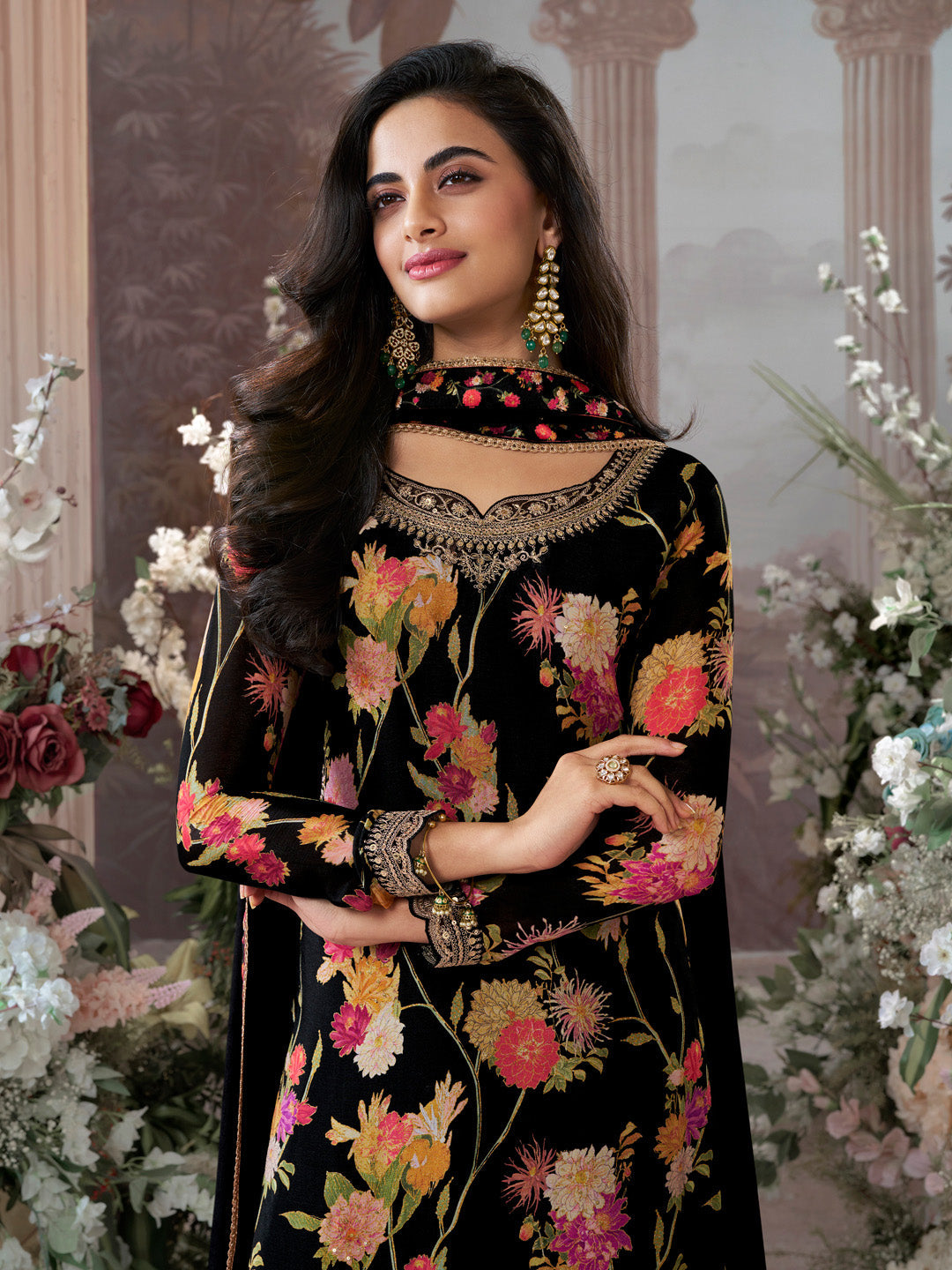 Black Chinon Sharara Suit Set with Floral Print and Embroidery Work
