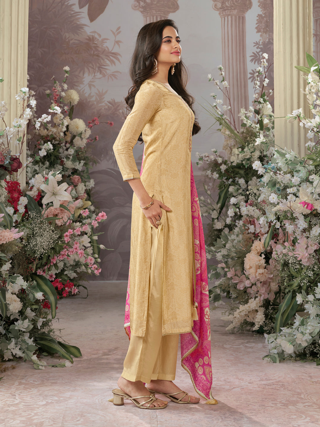 Beige Russian Silk Kurta Set Paired With Russian Silk Digital Printed Contrast Dupatta