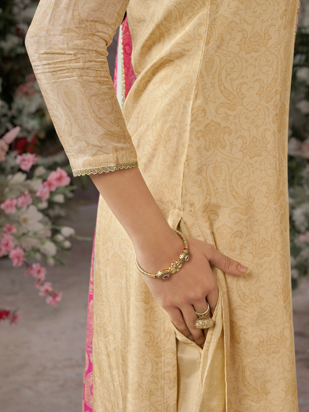 Beige Russian Silk Kurta Set Paired With Russian Silk Digital Printed Contrast Dupatta