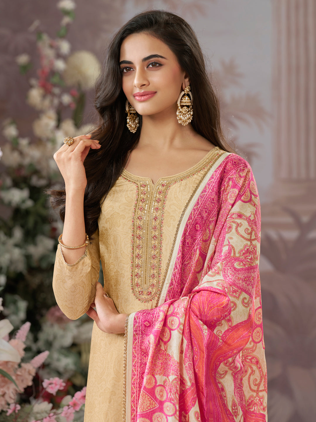 Beige Russian Silk Kurta Set Paired With Russian Silk Digital Printed Contrast Dupatta