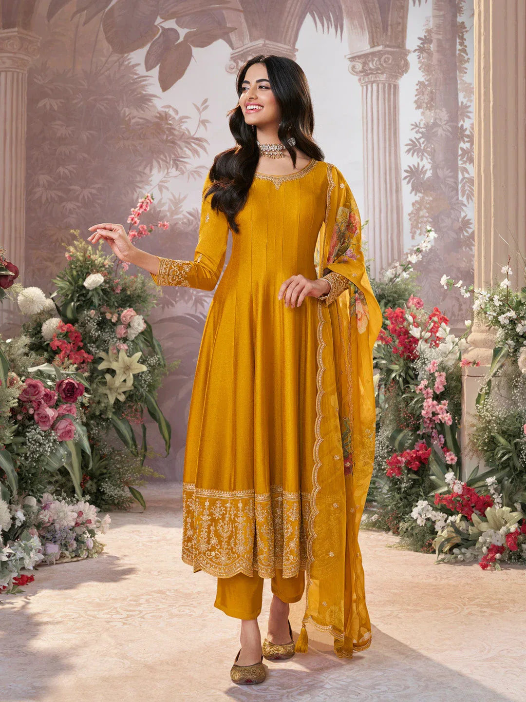 Mustard Vichitra Silk Embroidered Anarkali Set with Digital Printed Chiffon Dupatta