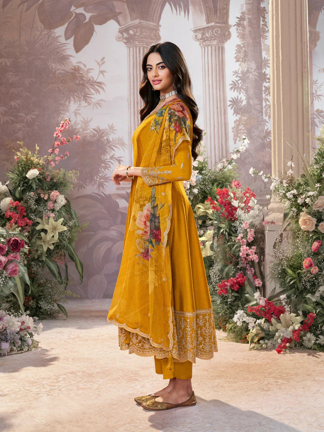 Mustard Vichitra Silk Embroidered Anarkali Set with Digital Printed Chiffon Dupatta