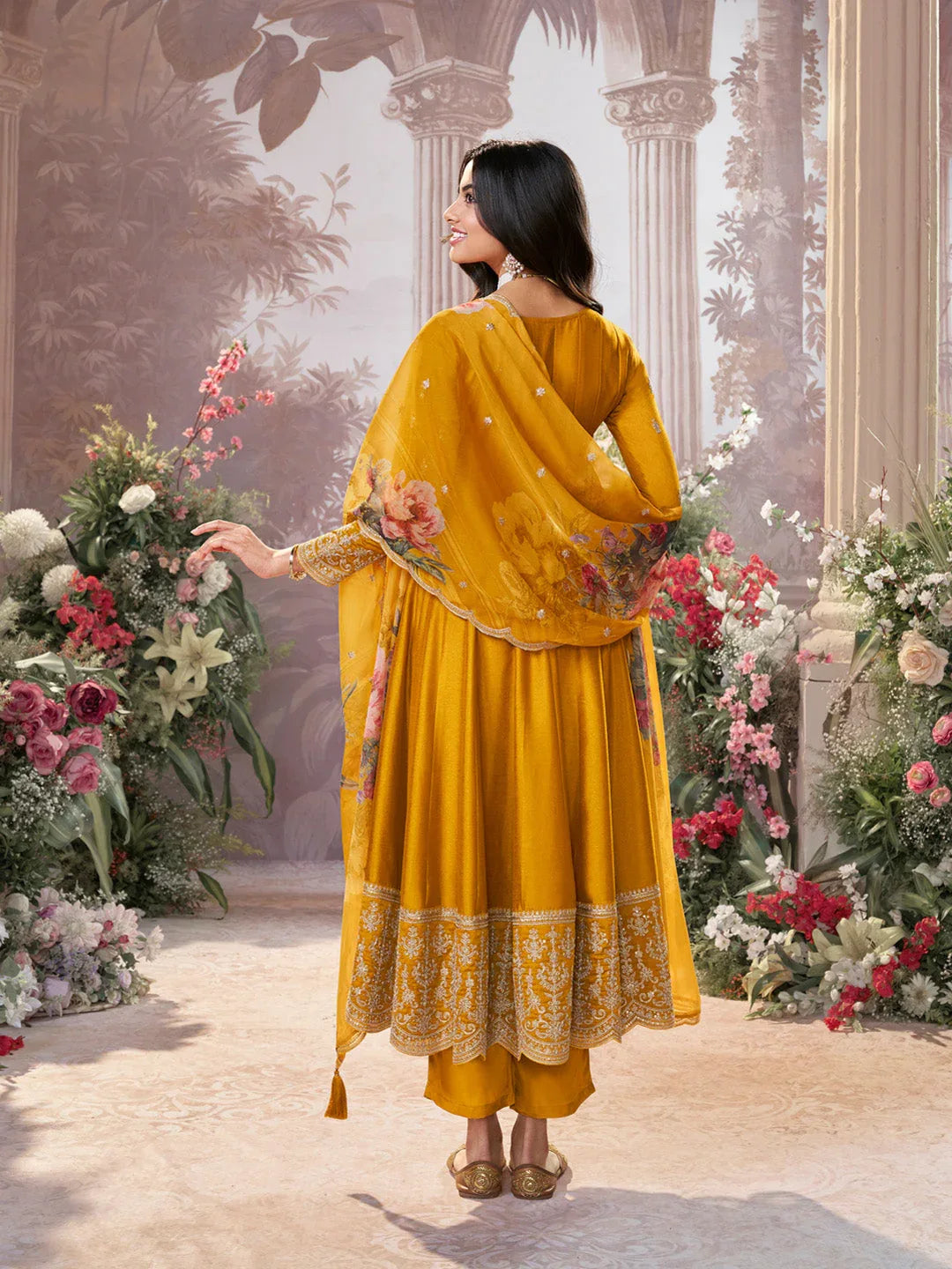 Mustard Vichitra Silk Embroidered Anarkali Set with Digital Printed Chiffon Dupatta