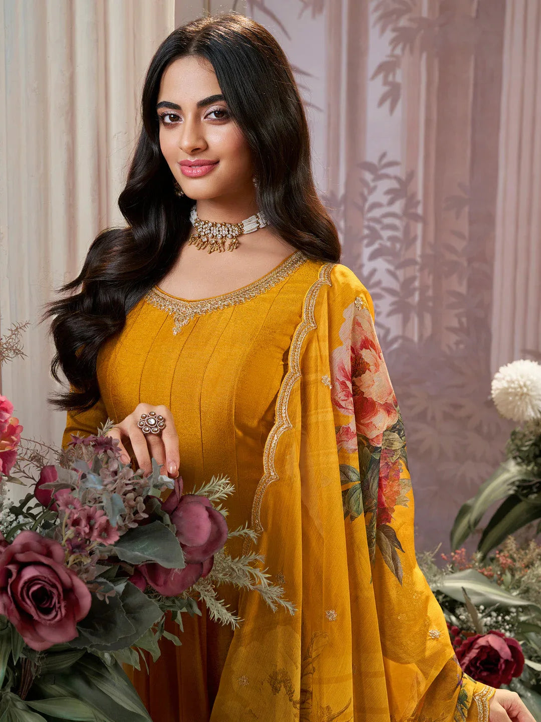 Mustard Vichitra Silk Embroidered Anarkali Set with Digital Printed Chiffon Dupatta