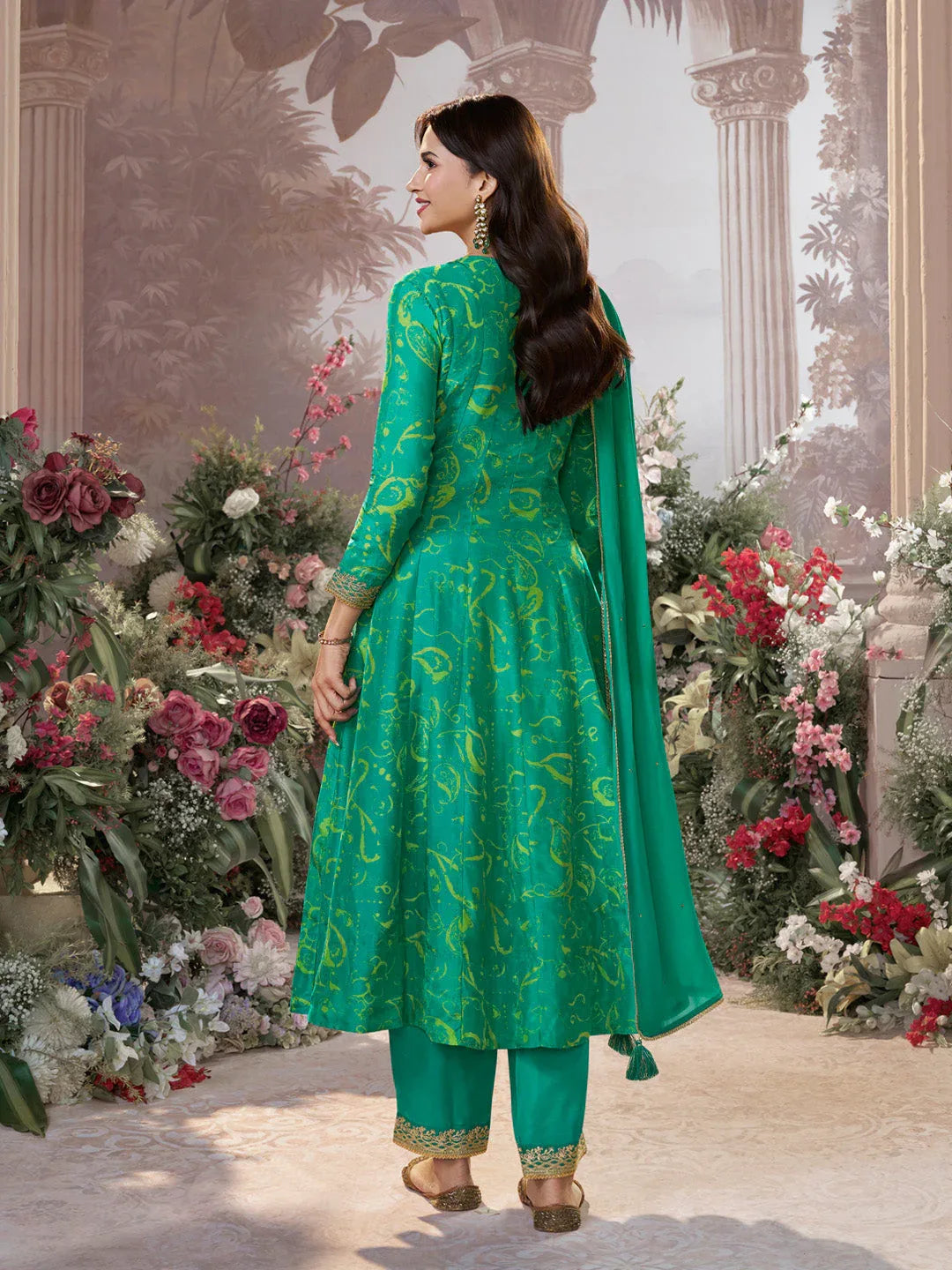 Green Digital Printed Mirror Embroidered Anarkali Suit Set