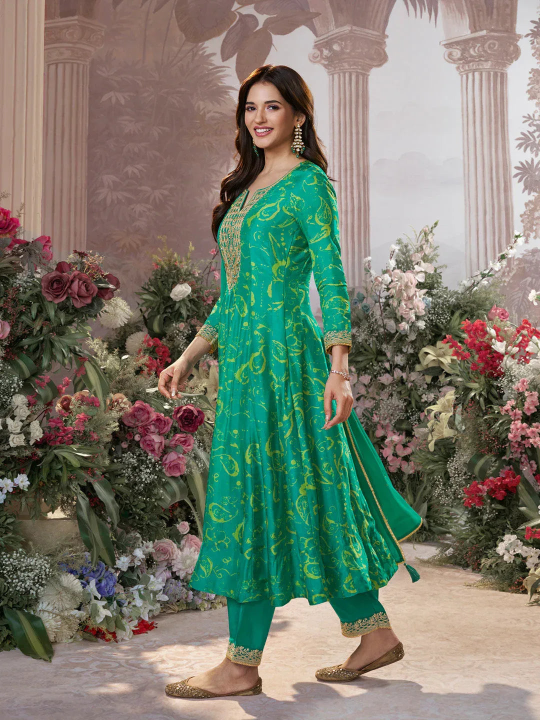 Green Digital Printed Mirror Embroidered Anarkali Suit Set