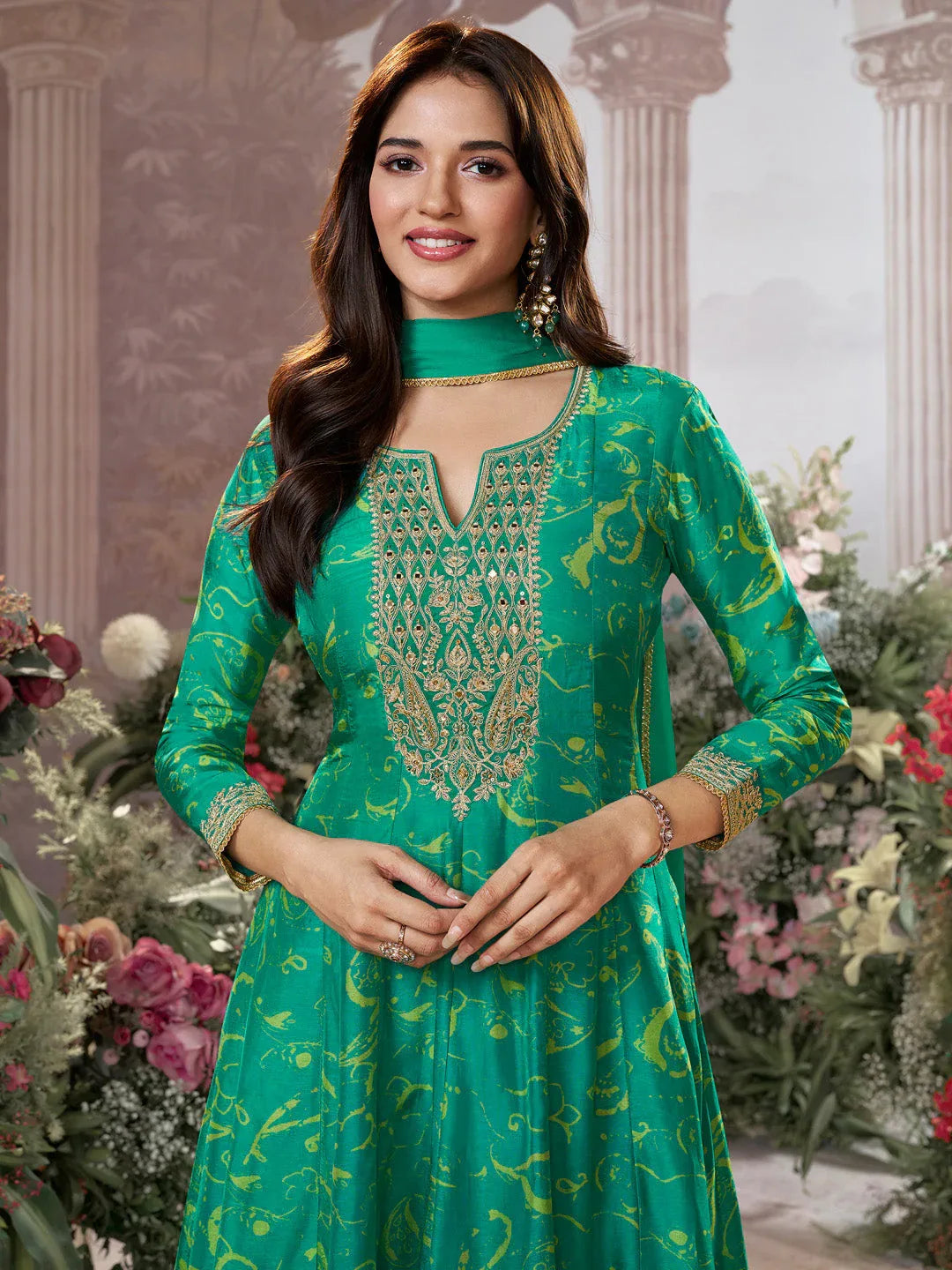 Green Digital Printed Mirror Embroidered Anarkali Suit Set