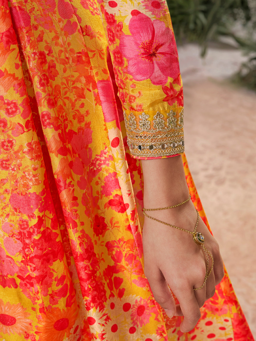 Mustard Pure Russian Silk Mirror Work Sharara Set paired with Chinon Dupatta with Digital Printed Borders - qivii