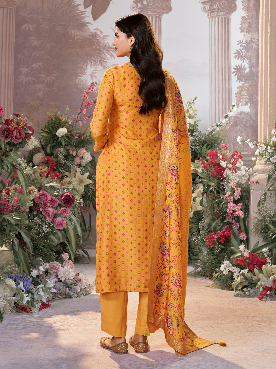 Yellow Russian Silk Kurta Set with Digital Print Work Paired with Russian Silk Digital Printed Duppatta - qivii