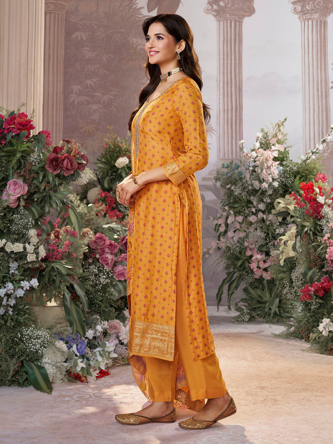 Yellow Russian Silk Kurta Set with Digital Print Work Paired with Russian Silk Digital Printed Duppatta - qivii