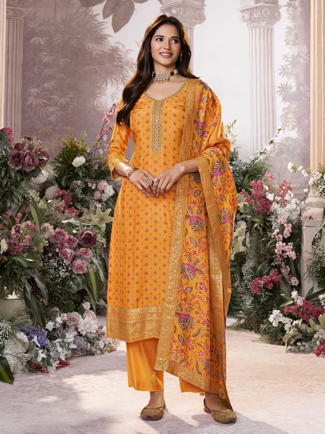 Yellow Russian Silk Kurta Set with Digital Print Work Paired with Russian Silk Digital Printed Duppatta - qivii