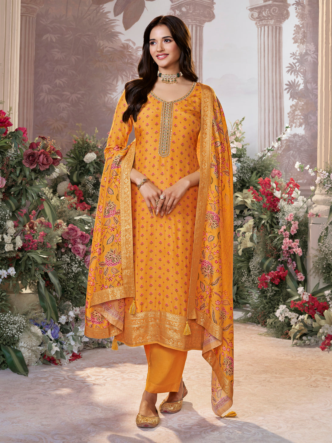Yellow Russian Silk Kurta Set with Digital Print Work Paired with Russian Silk Digital Printed Duppatta - qivii