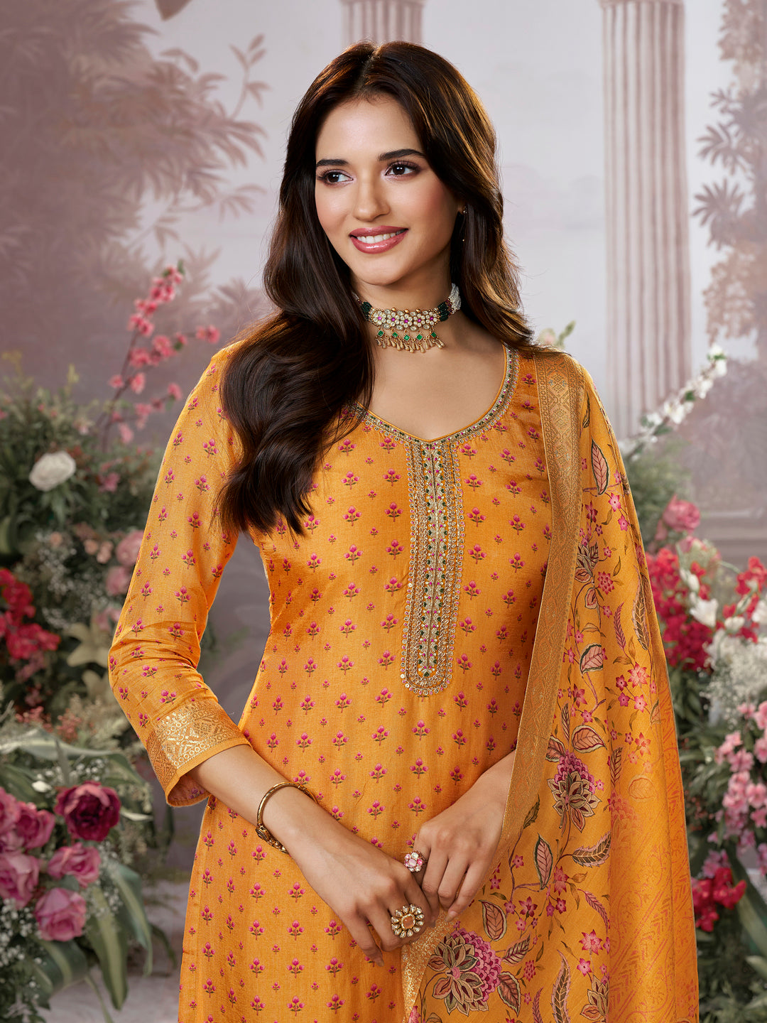 Yellow Russian Silk Kurta Set with Digital Print Work Paired with Russian Silk Digital Printed Duppatta - qivii