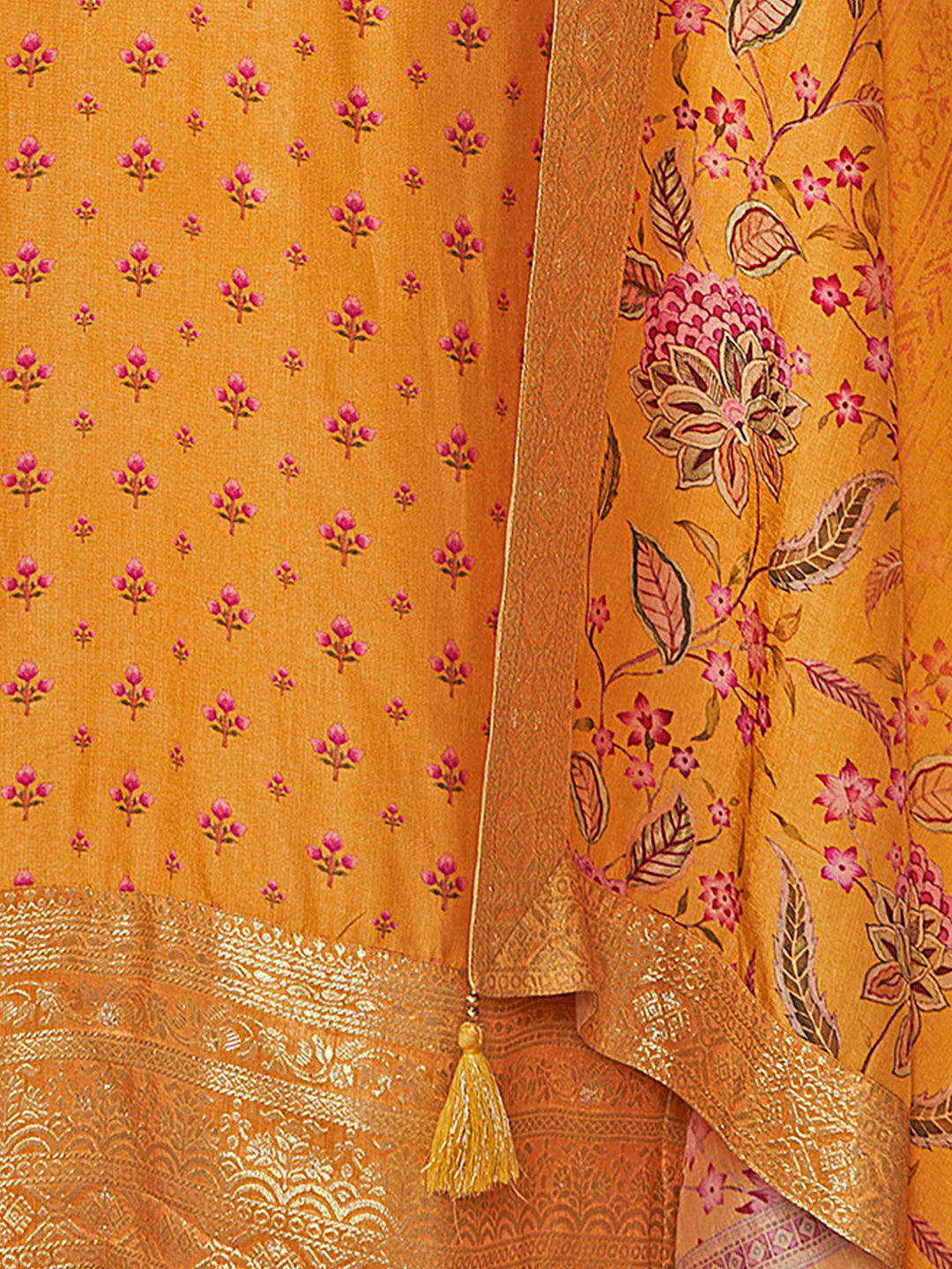 Yellow Russian Silk Kurta Set with Digital Print Work Paired with Russian Silk Digital Printed Duppatta - qivii