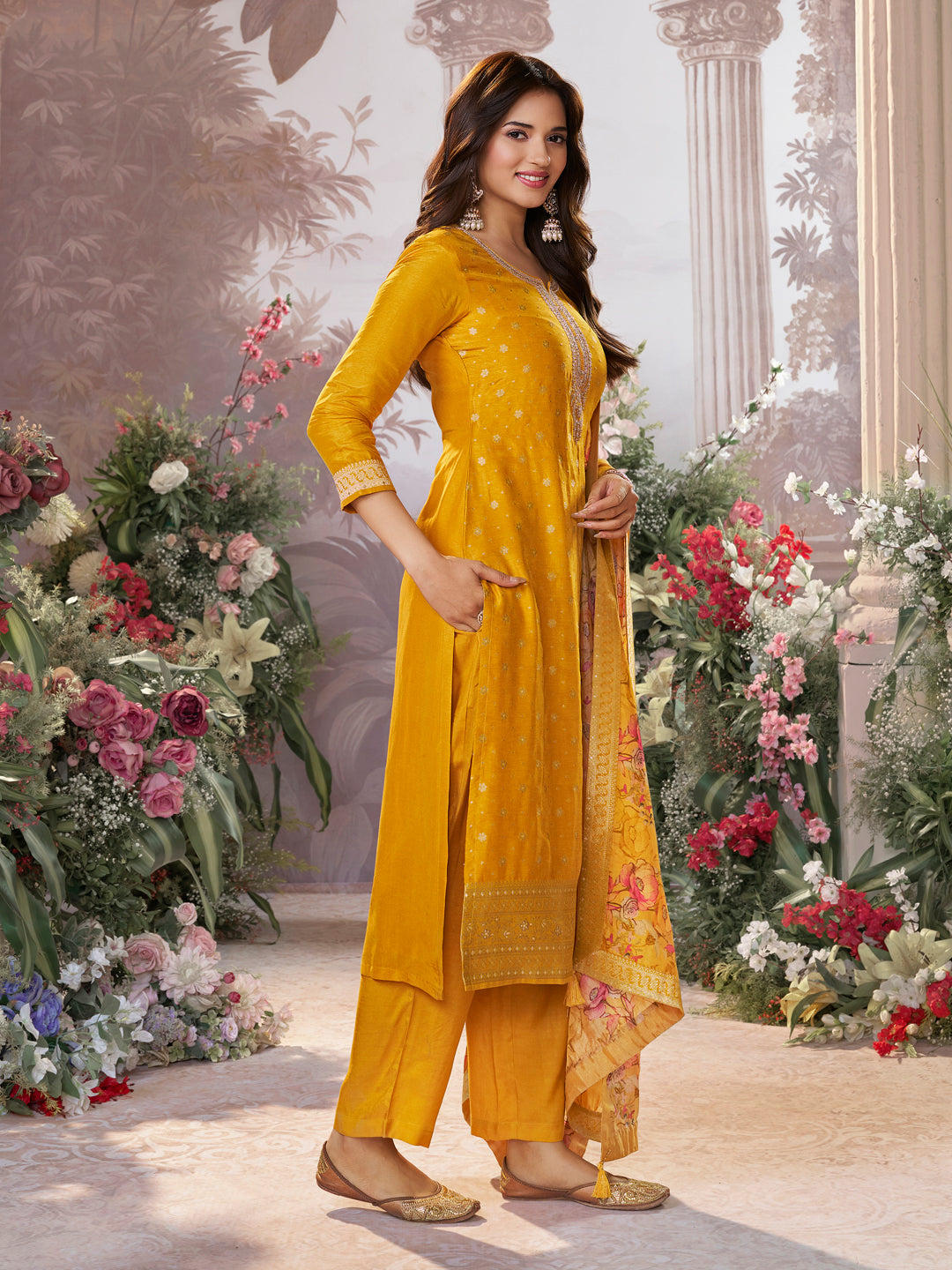 Yellow Dola Silk Kurta Set with Jacquard Detailing and Intricate Embroidery, Paired with a Cherry Silk Dupatta - qivii