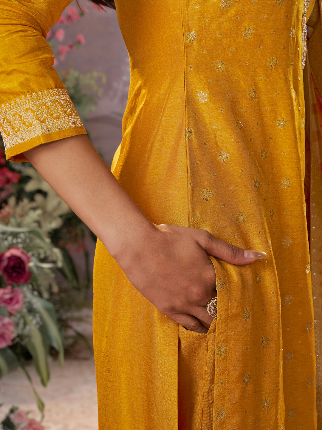 Yellow Dola Silk Kurta Set with Jacquard Detailing and Intricate Embroidery, Paired with a Cherry Silk Dupatta - qivii
