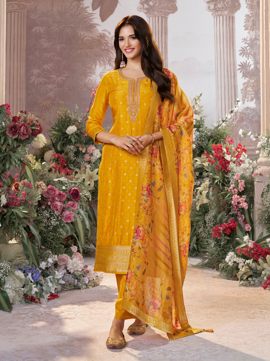 Yellow Dola Silk Kurta Set with Jacquard Detailing and Intricate Embroidery, Paired with a Cherry Silk Dupatta - qivii