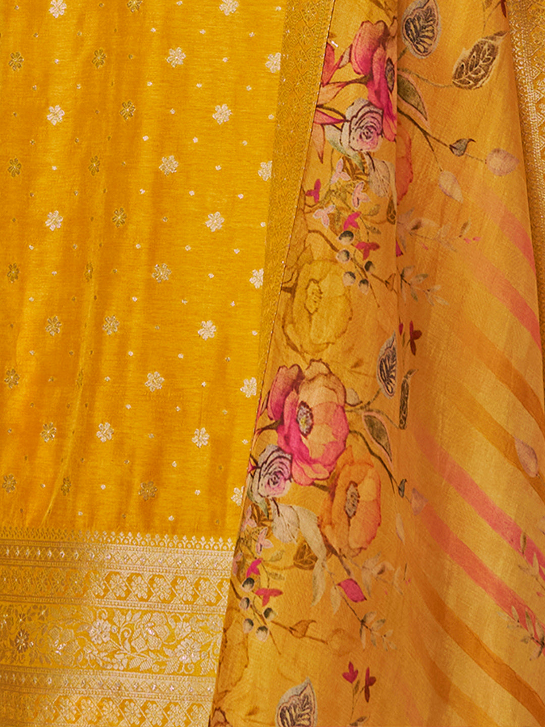 Yellow Dola Silk Kurta Set with Jacquard Detailing and Intricate Embroidery, Paired with a Cherry Silk Dupatta - qivii