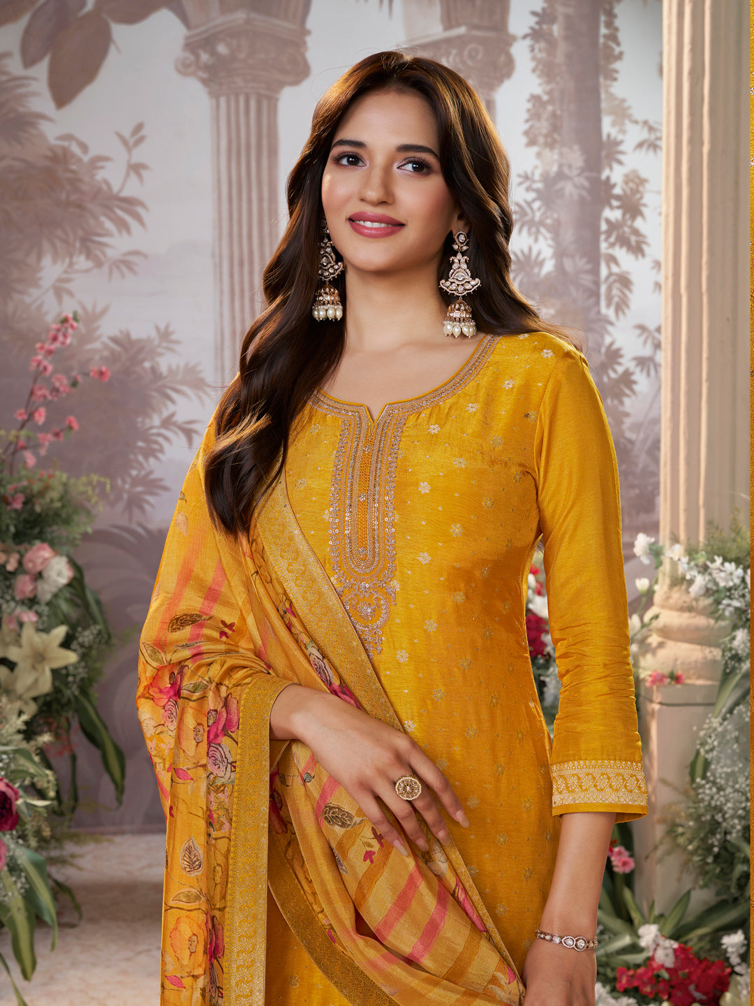 Yellow Dola Silk Kurta Set with Jacquard Detailing and Intricate Embroidery, Paired with a Cherry Silk Dupatta - qivii
