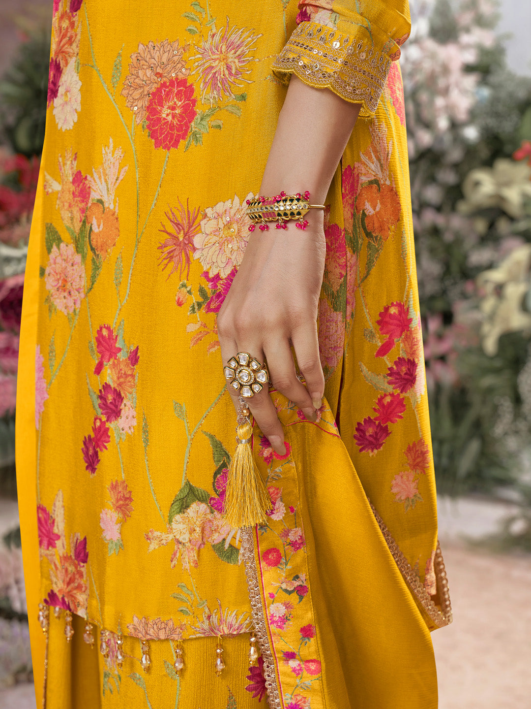 Yellow Chinon Sharara Suit Set with Floral Print and Embroidery Work - qivii