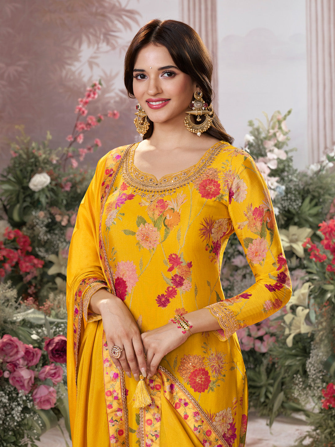 Yellow Chinon Sharara Suit Set with Floral Print and Embroidery Work