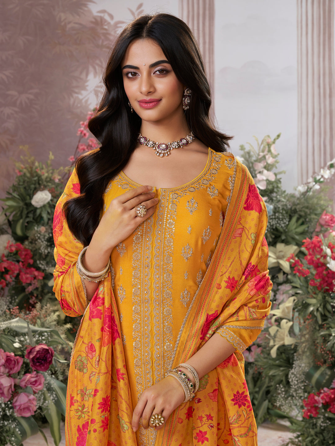 Yellow Chinon Sharara Set with Embroidered Work Paired with Digital Printed Dola Silk Dupatta