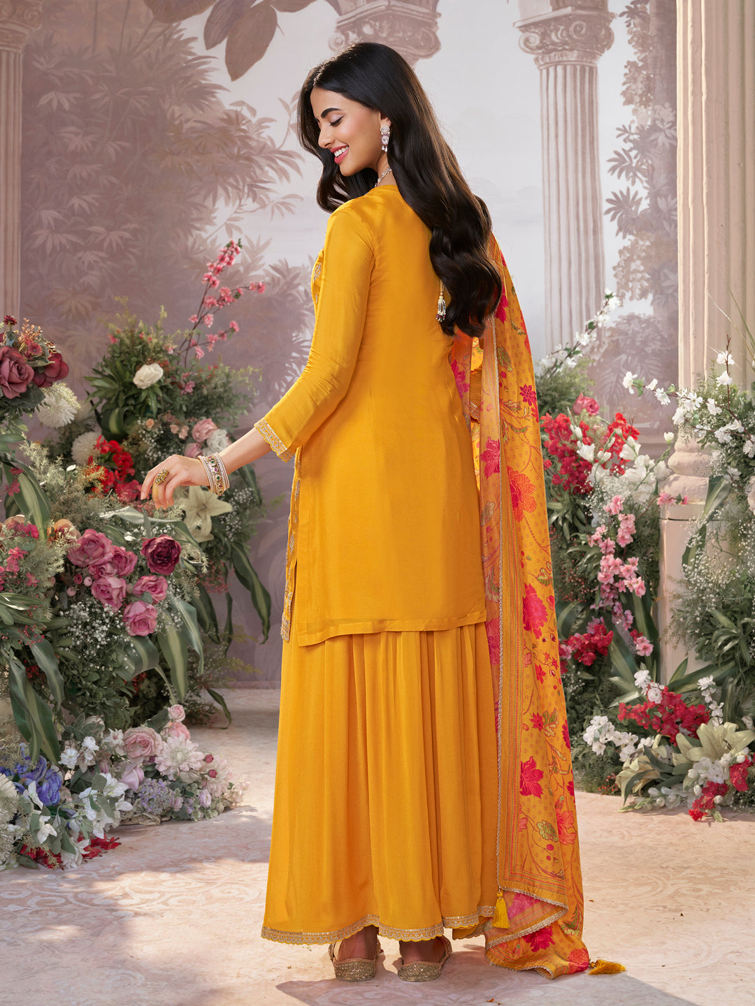 Yellow Chinon Sharara Set with Embroidered Work Paired with Digital Printed Dola Silk Dupatta