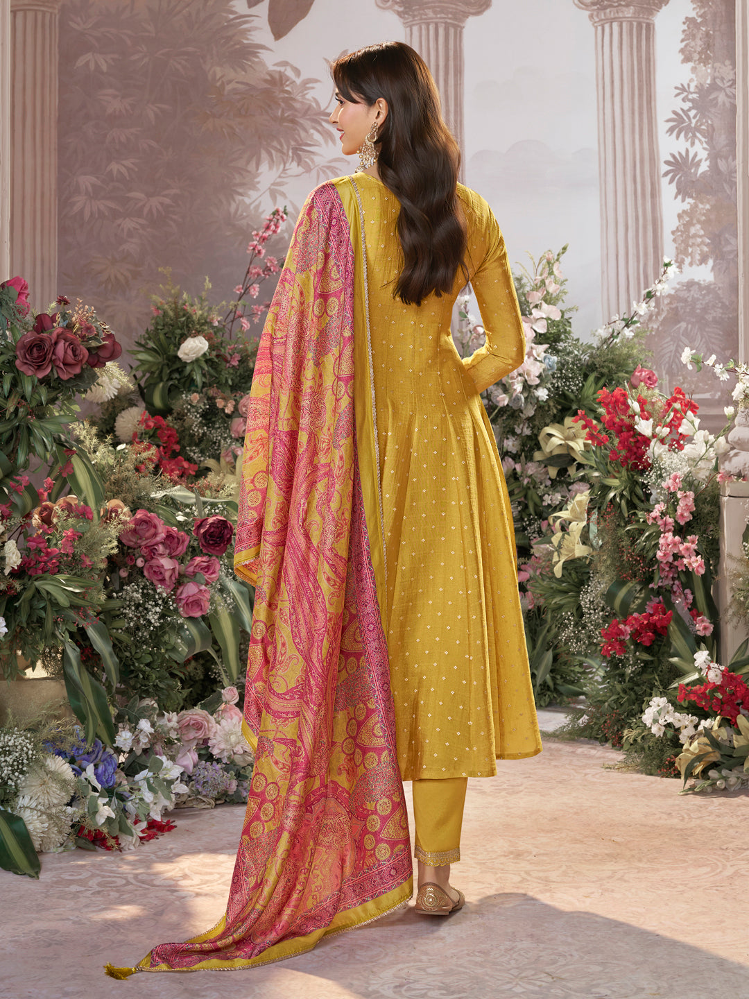 Mustard Tissue Silk Embroidered Anarkali Suit Set with Contrast Digital Print Russian Silk Dupatta