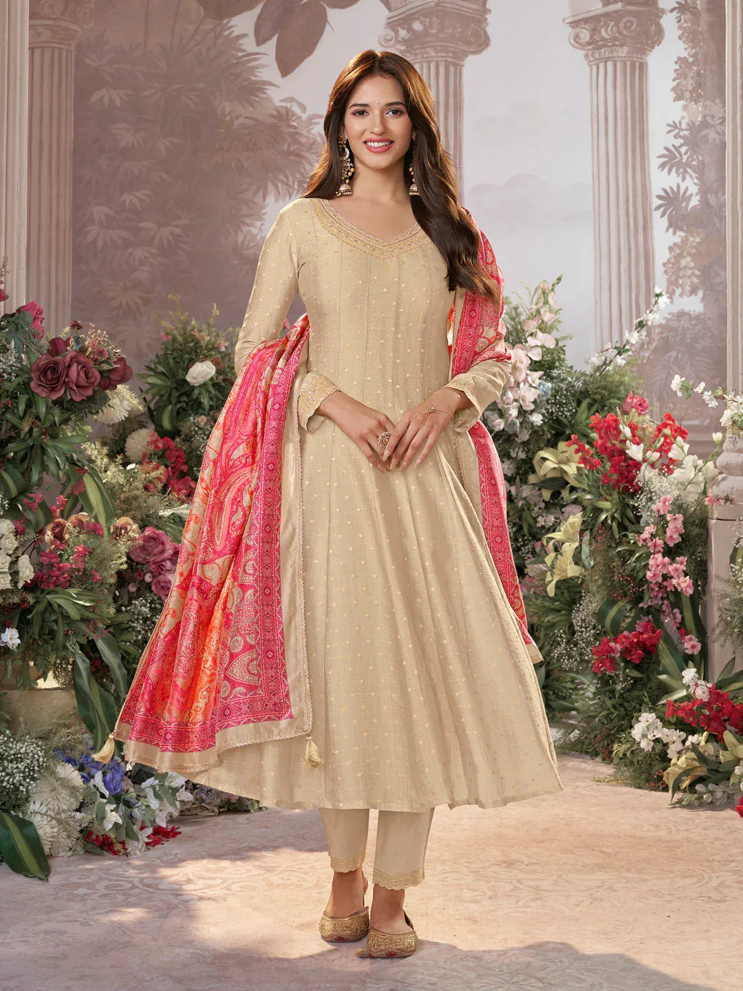 Off-White Jacquard With Embroidery Anarkali Top With Dyed Trouser And Printed Dupatta