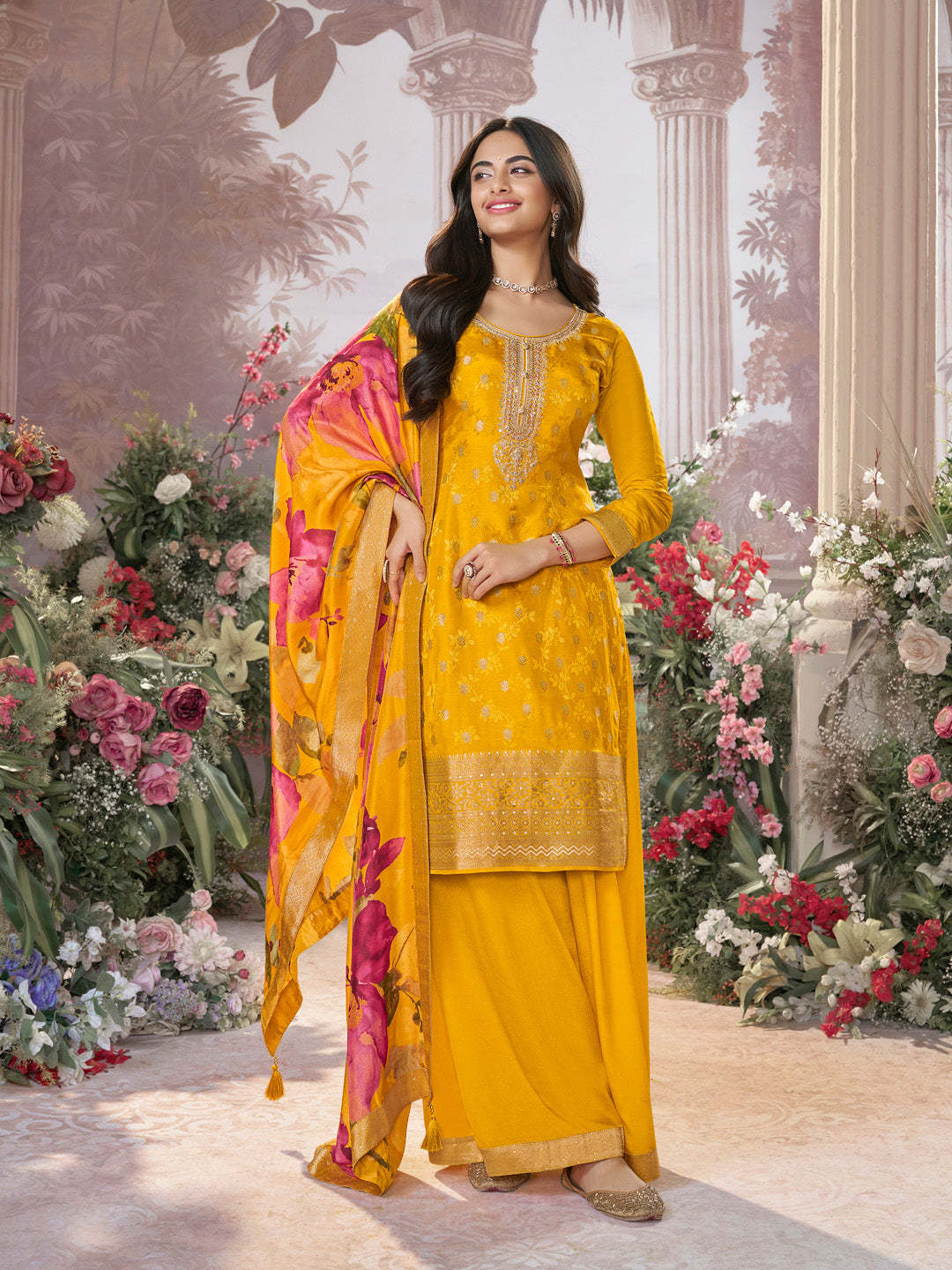 Mustard Dola Silk Jacquard & Embroidery Sharara Set with Digital Print Dola Silk Dupatta - qivii