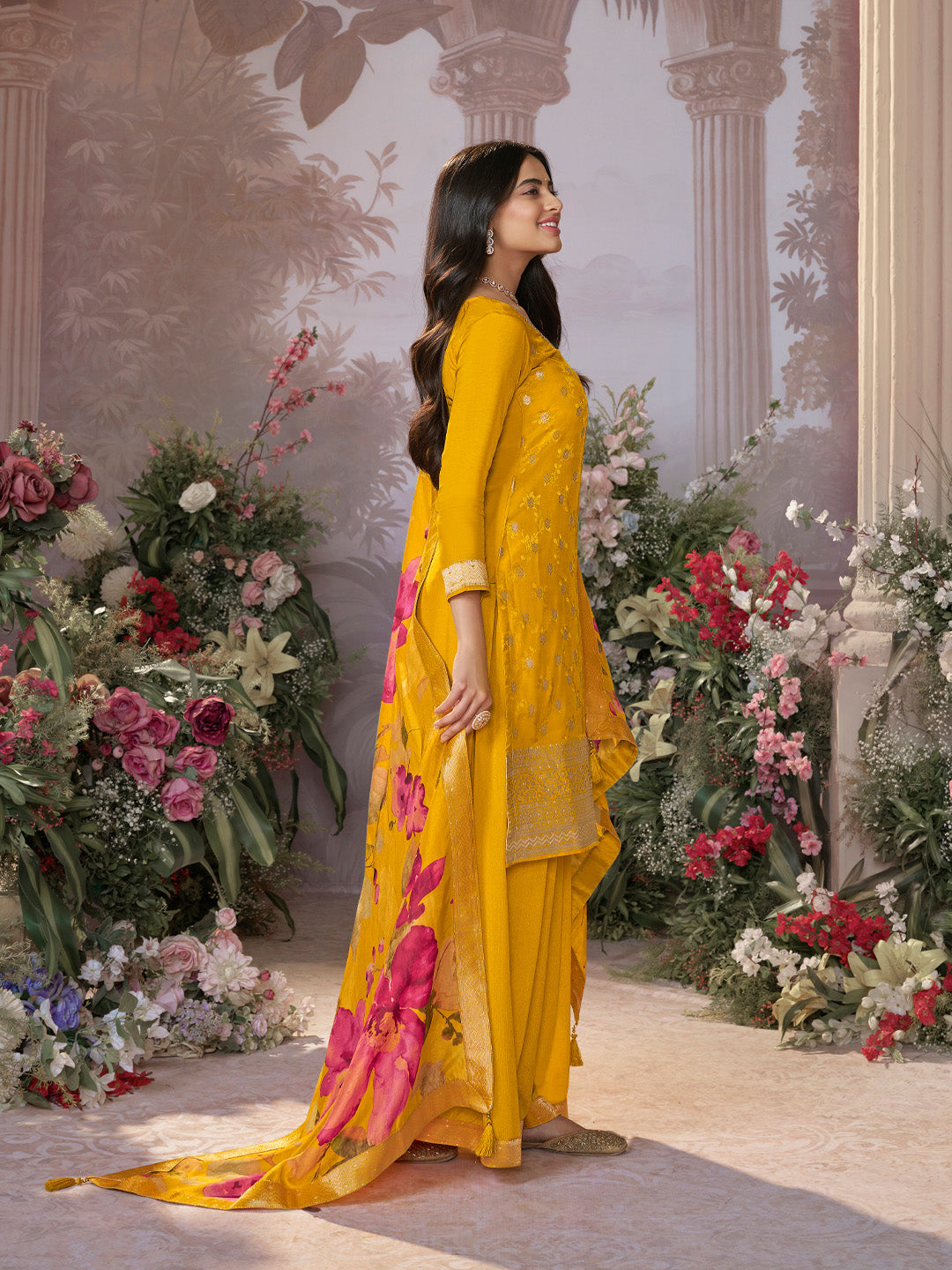 Mustard Dola Silk Jacquard & Embroidery Sharara Set with Digital Print Dola Silk Dupatta - qivii