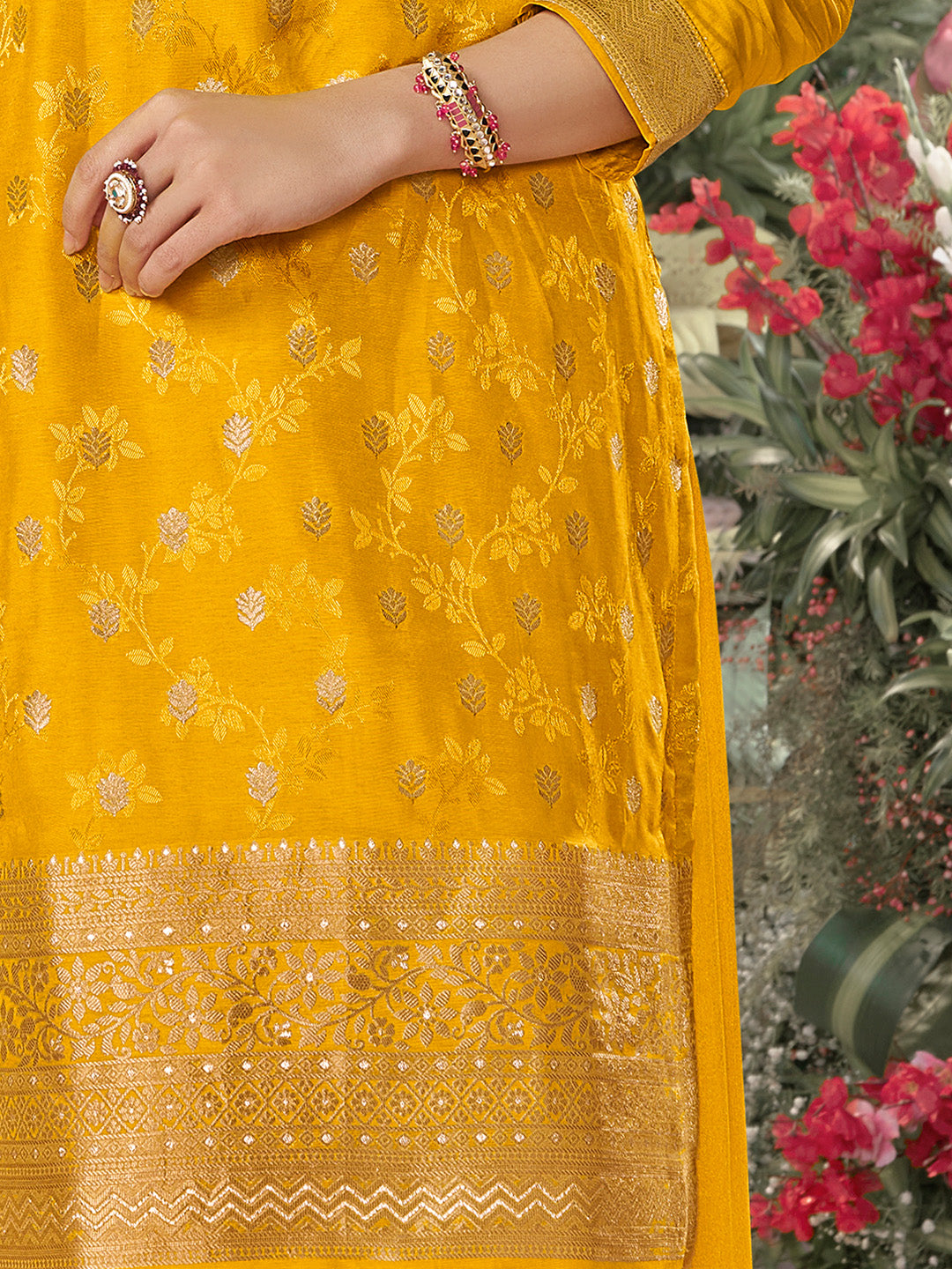 Mustard Dola Silk Jacquard & Embroidery Sharara Set with Digital Print Dola Silk Dupatta - qivii