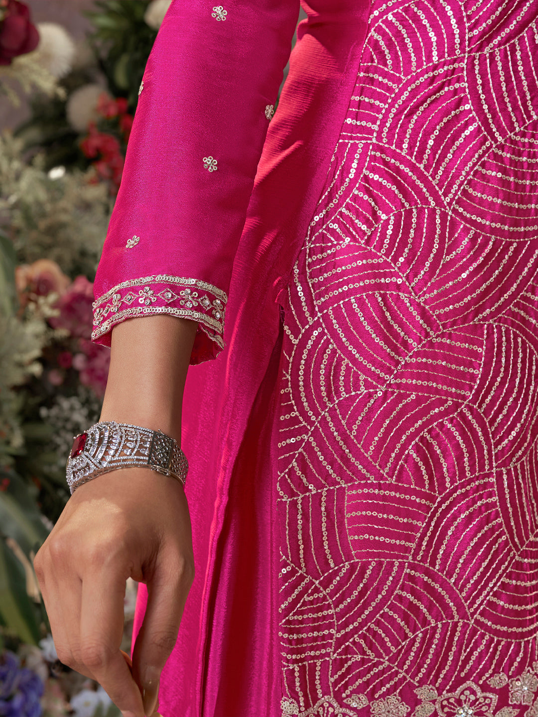 Pink Chinon Embroidered Sharara Suit with Butti Work and Sequins Scalloped Border Dupatta - qivii