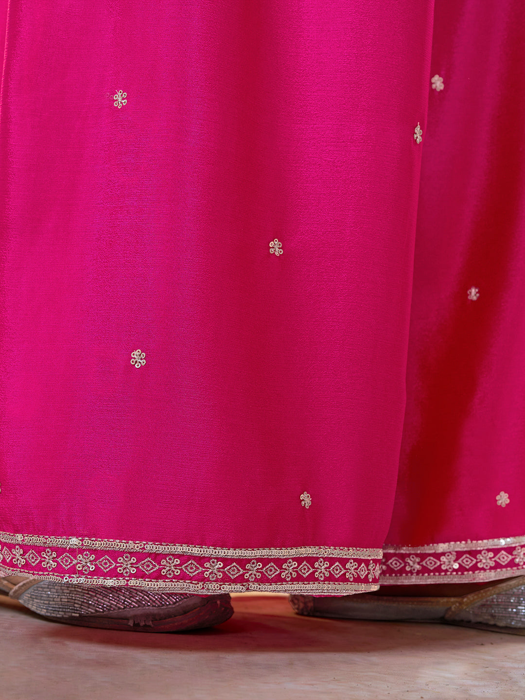 Pink Chinon Embroidered Sharara Suit with Butti Work and Sequins Scalloped Border Dupatta - qivii