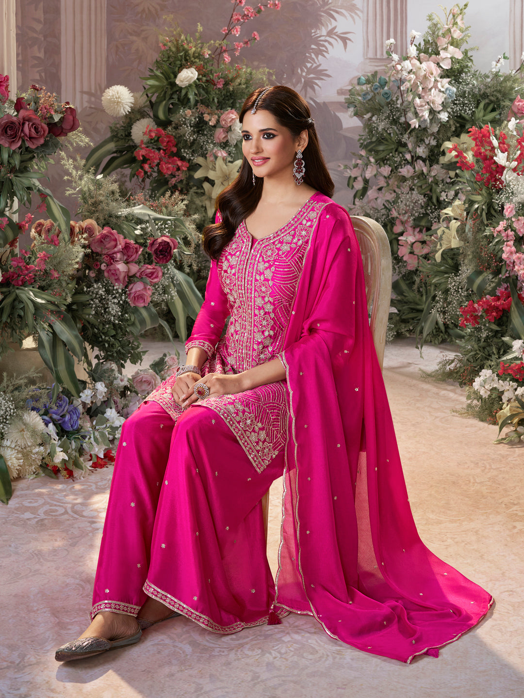Pink Chinon Embroidered Sharara Suit with Butti Work and Sequins Scalloped Border Dupatta - qivii