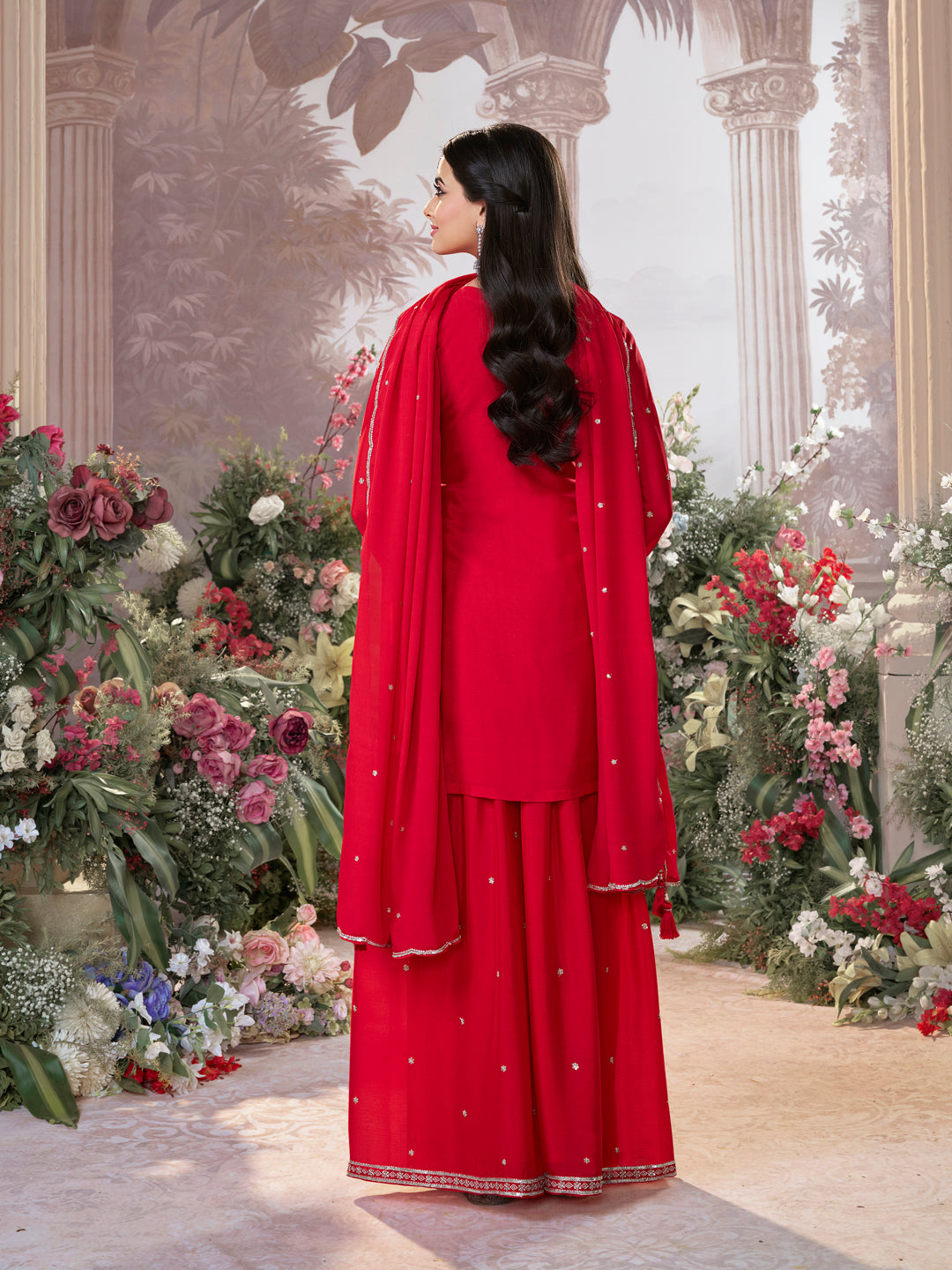 Red Chinon Embroidered Sharara Suit with Butti Work and Sequins Scalloped Border Dupatta - qivii