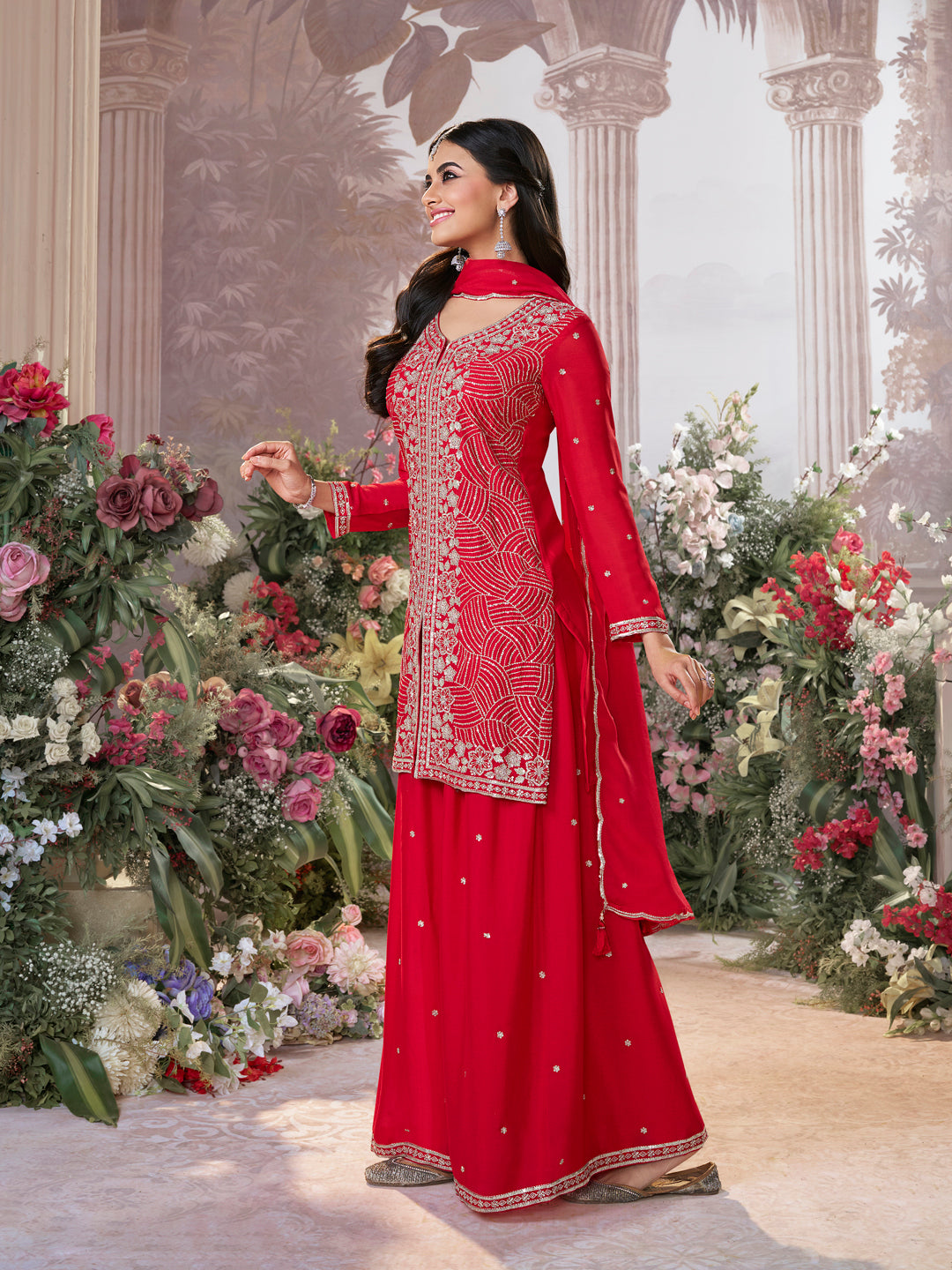 Red Chinon Embroidered Sharara Suit with Butti Work and Sequins Scalloped Border Dupatta - qivii