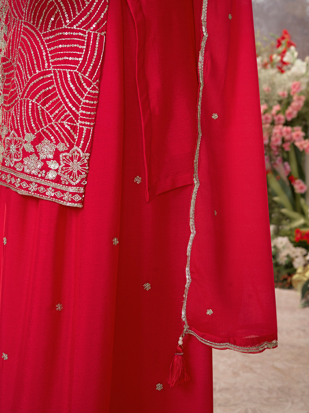 Red Chinon Embroidered Sharara Suit with Butti Work and Sequins Scalloped Border Dupatta - qivii
