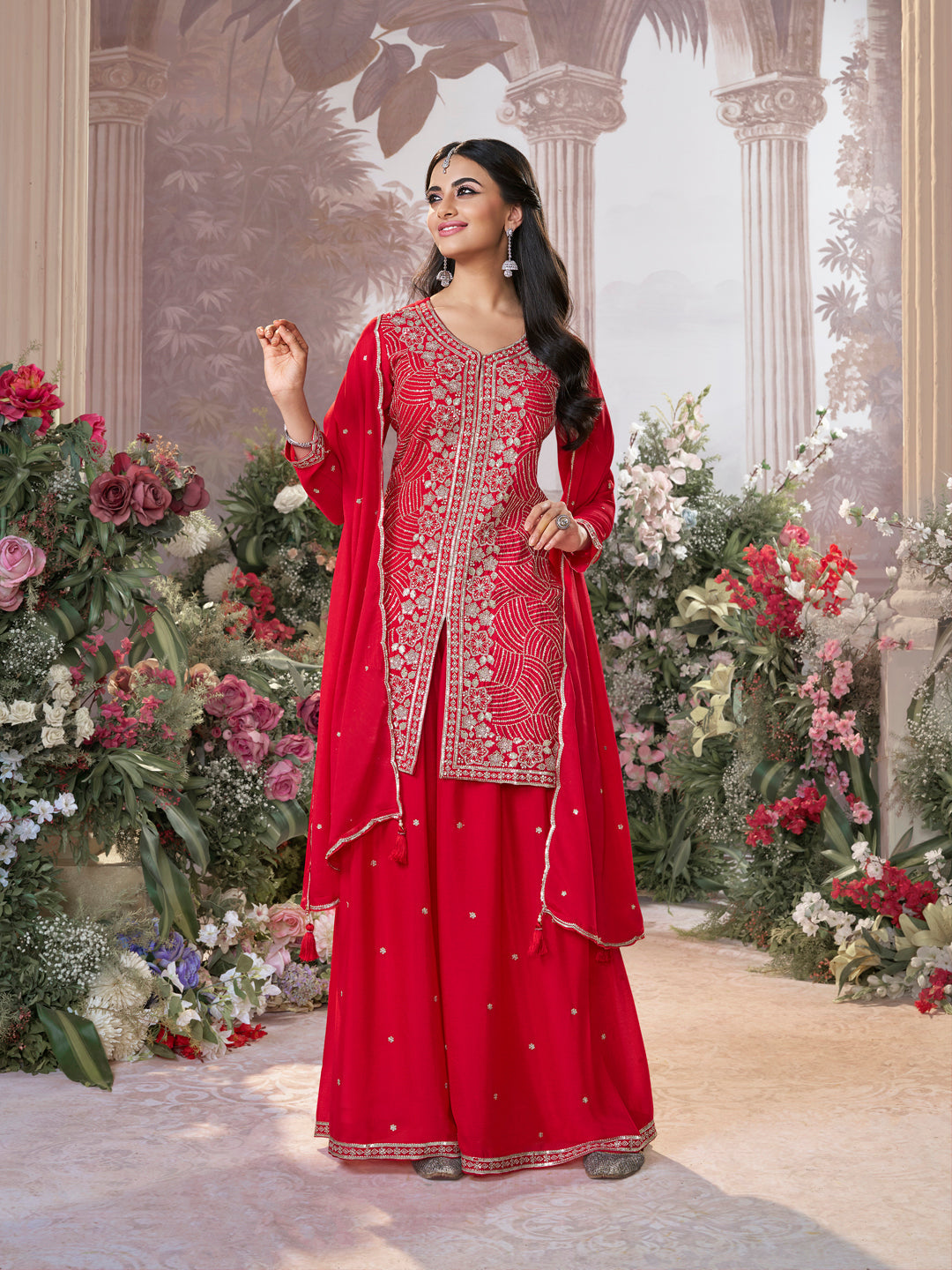 Red Chinon Embroidered Sharara Suit with Butti Work and Sequins Scalloped Border Dupatta - qivii