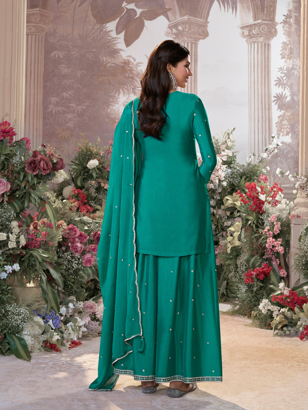 Green Chinon Embroidered Sharara Suit with Butti Work and Sequins Scalloped Border Dupatta - qivii