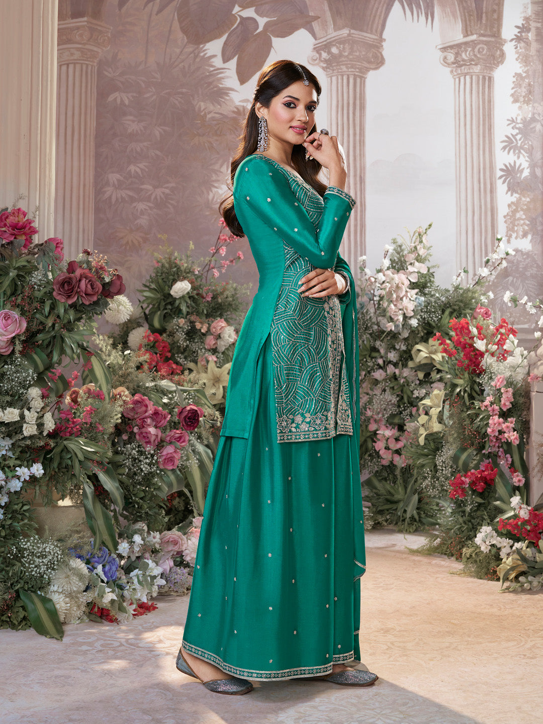 Green Chinon Embroidered Sharara Suit with Butti Work and Sequins Scalloped Border Dupatta - qivii