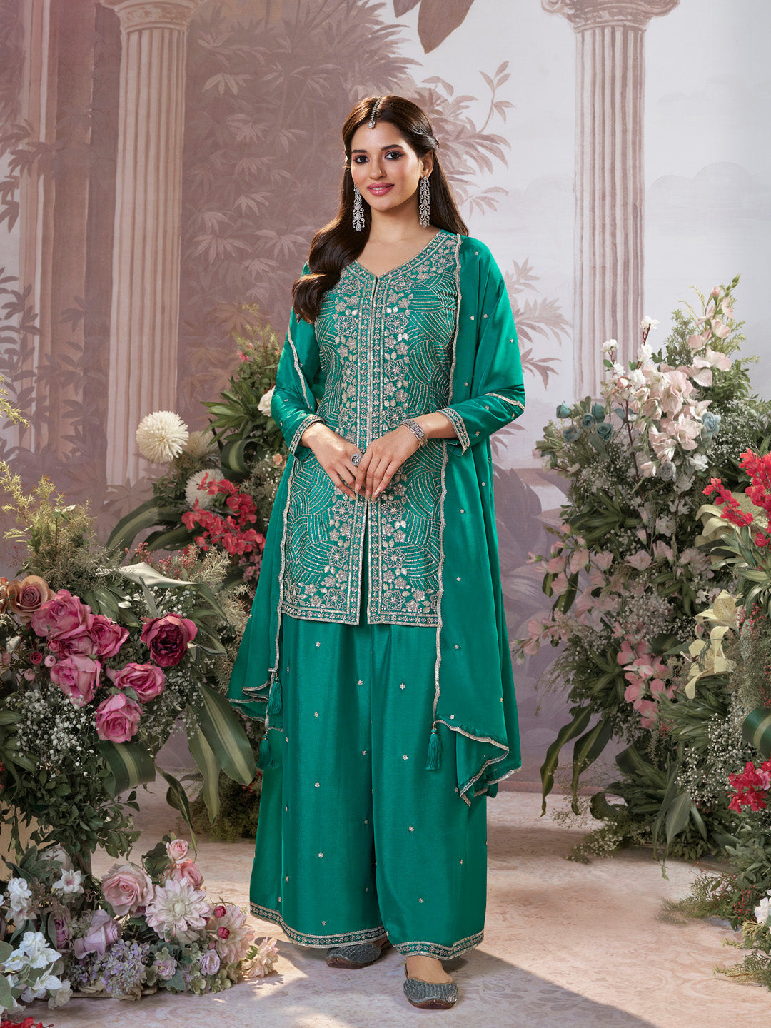Green Chinon Embroidered Sharara Suit with Butti Work and Sequins Scalloped Border Dupatta - qivii