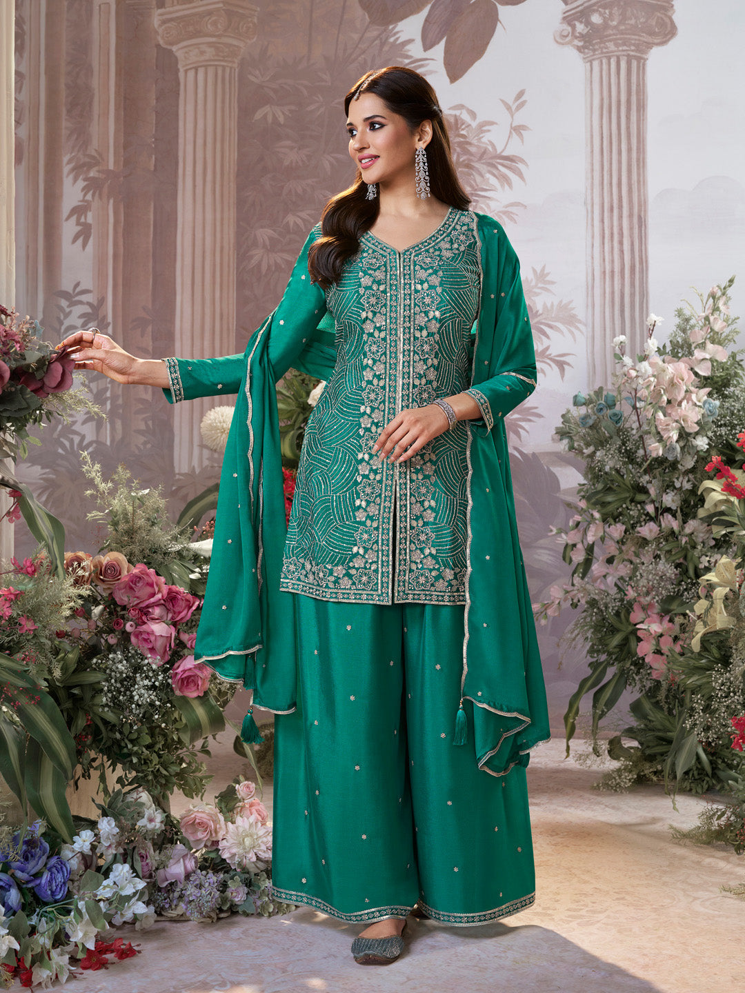 Green Chinon Embroidered Sharara Suit with Butti Work and Sequins Scalloped Border Dupatta - qivii