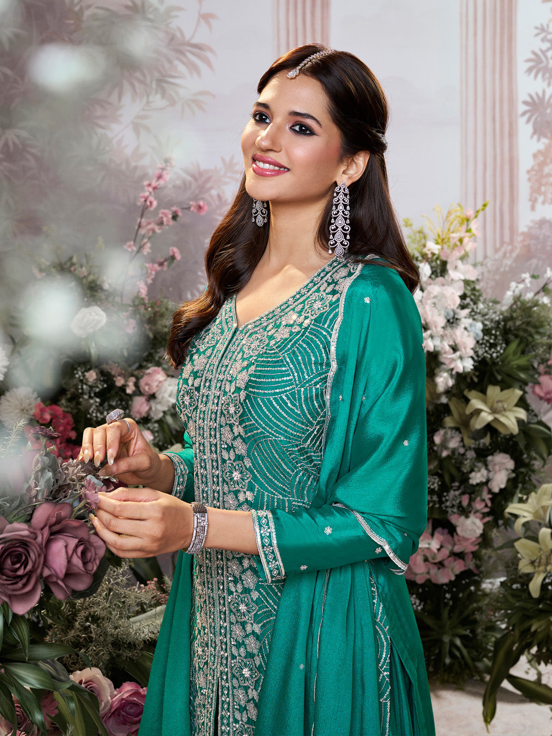 Green Chinon Embroidered Sharara Suit with Butti Work and Sequins Scalloped Border Dupatta - qivii