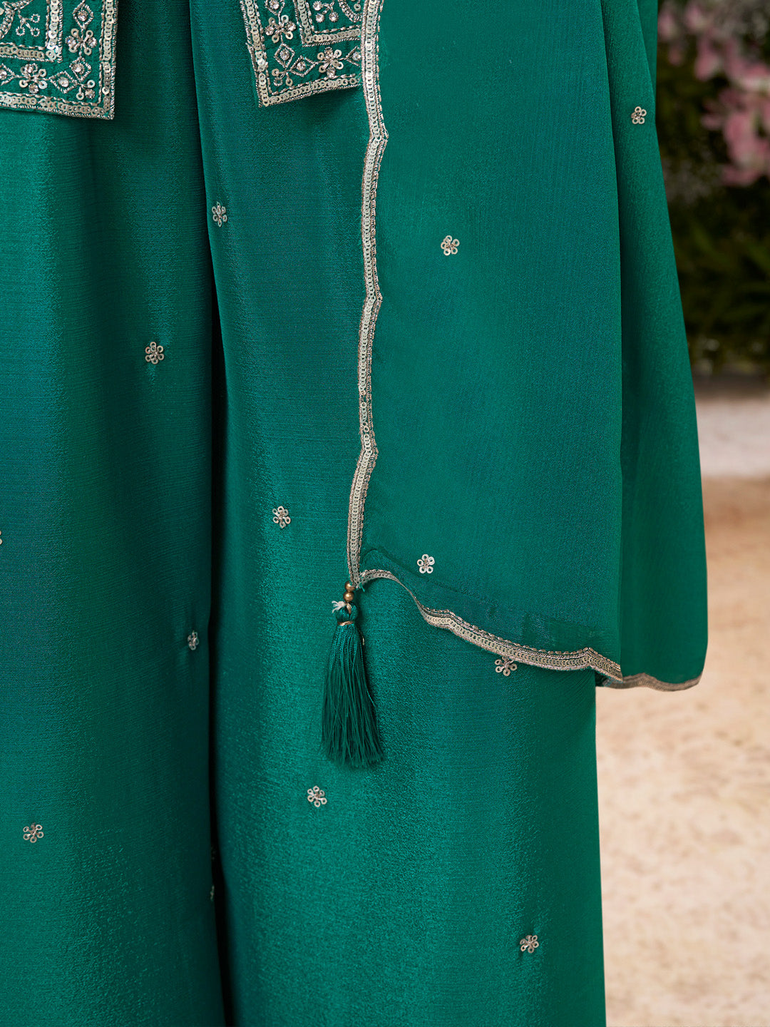 Green Chinon Embroidered Sharara Suit with Butti Work and Sequins Scalloped Border Dupatta - qivii