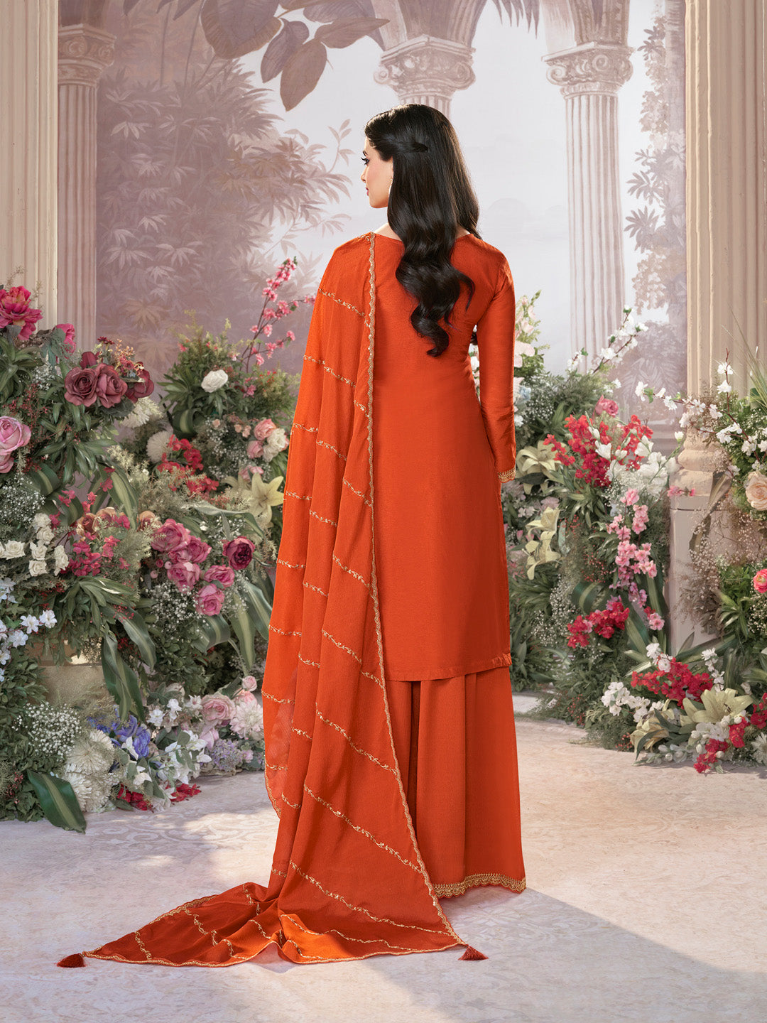 Orange Dola Silk Meena Jacquard Kurta Set Paired With Embroidered Sharara Suit Set - qivii